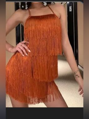 Fringe Tiered Mini bodysuit under/Dress - Orange